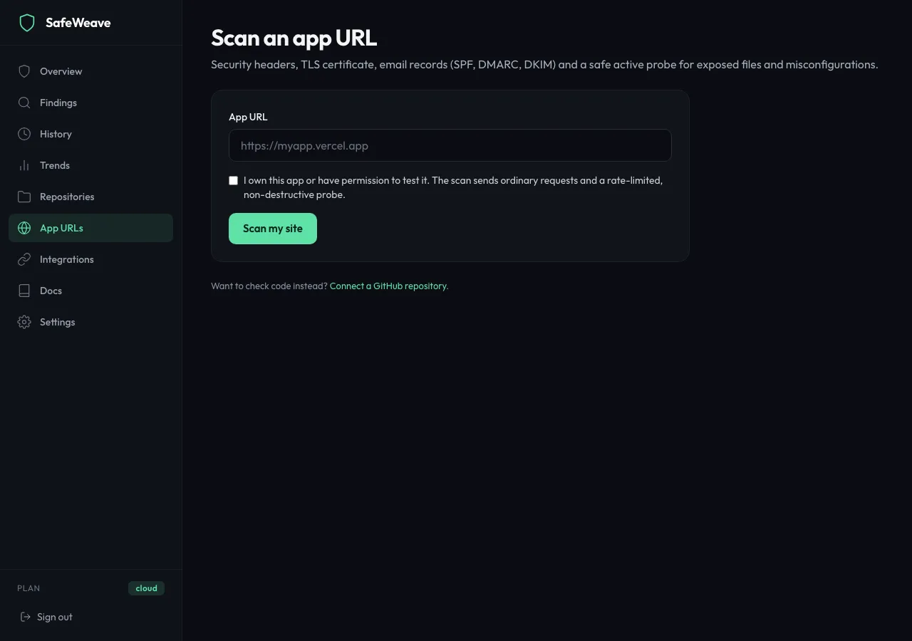 The Scan an app URL form
