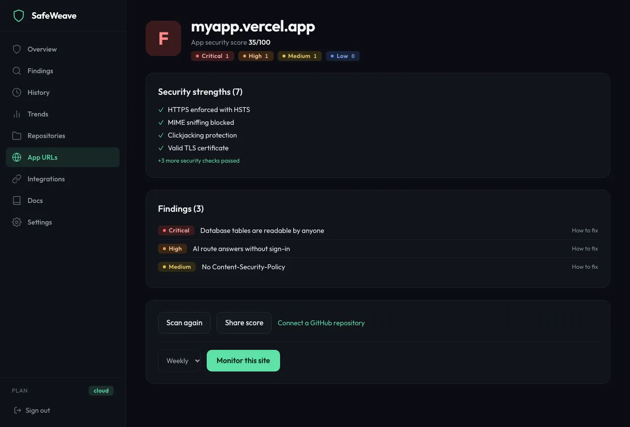 An App URL scan result