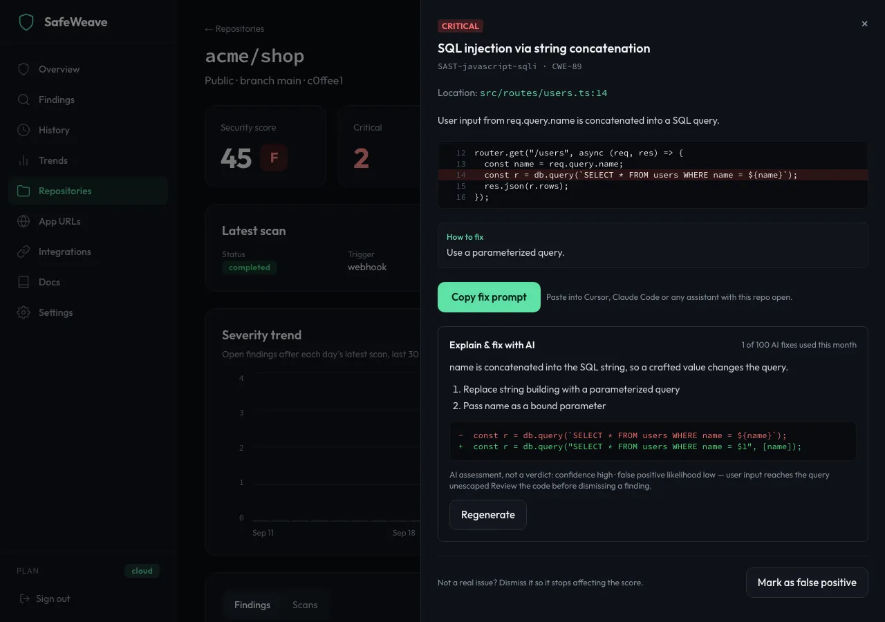 The finding panel with How to fix and the AI fix button