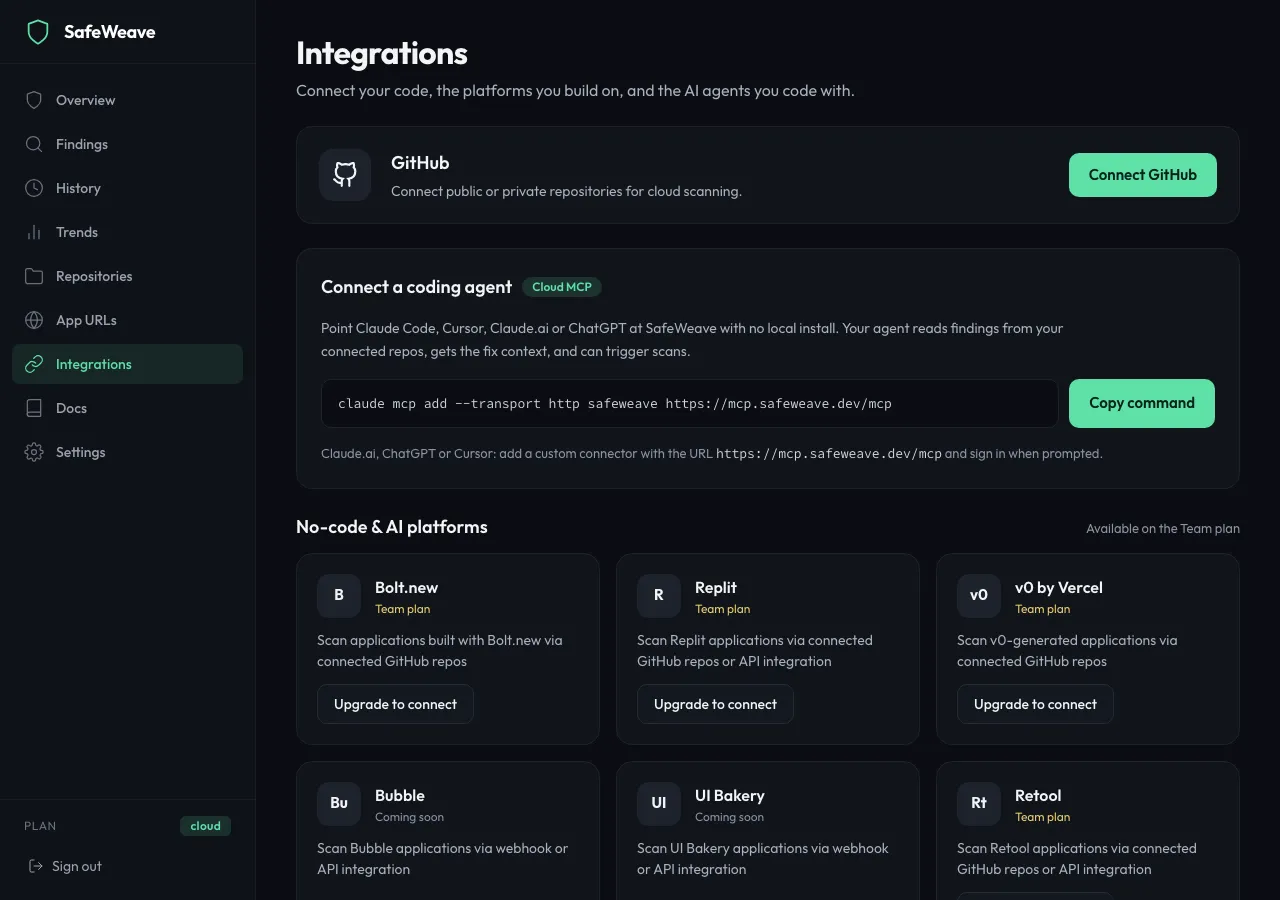 The Integrations page with GitHub connected