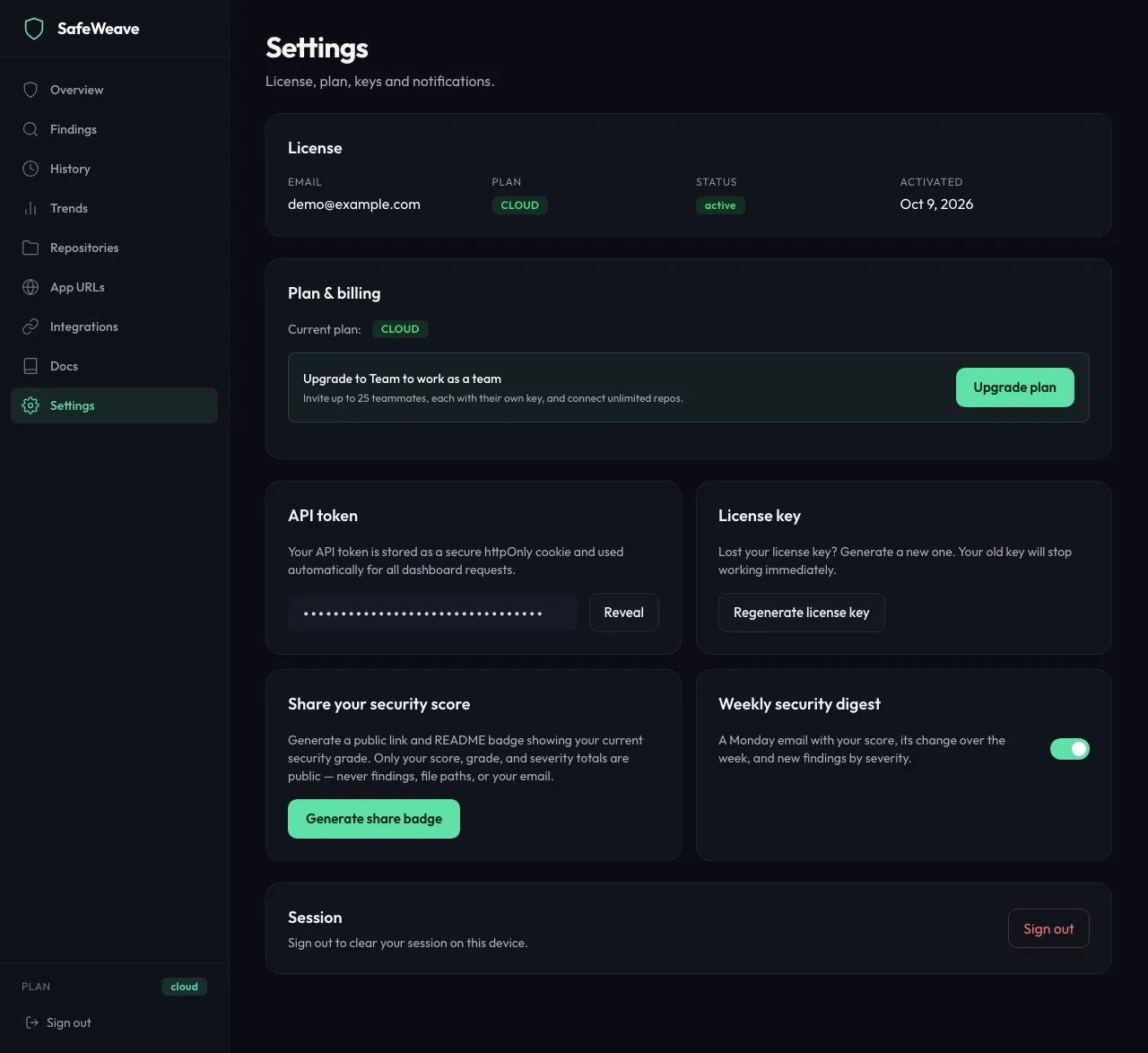 The Settings page