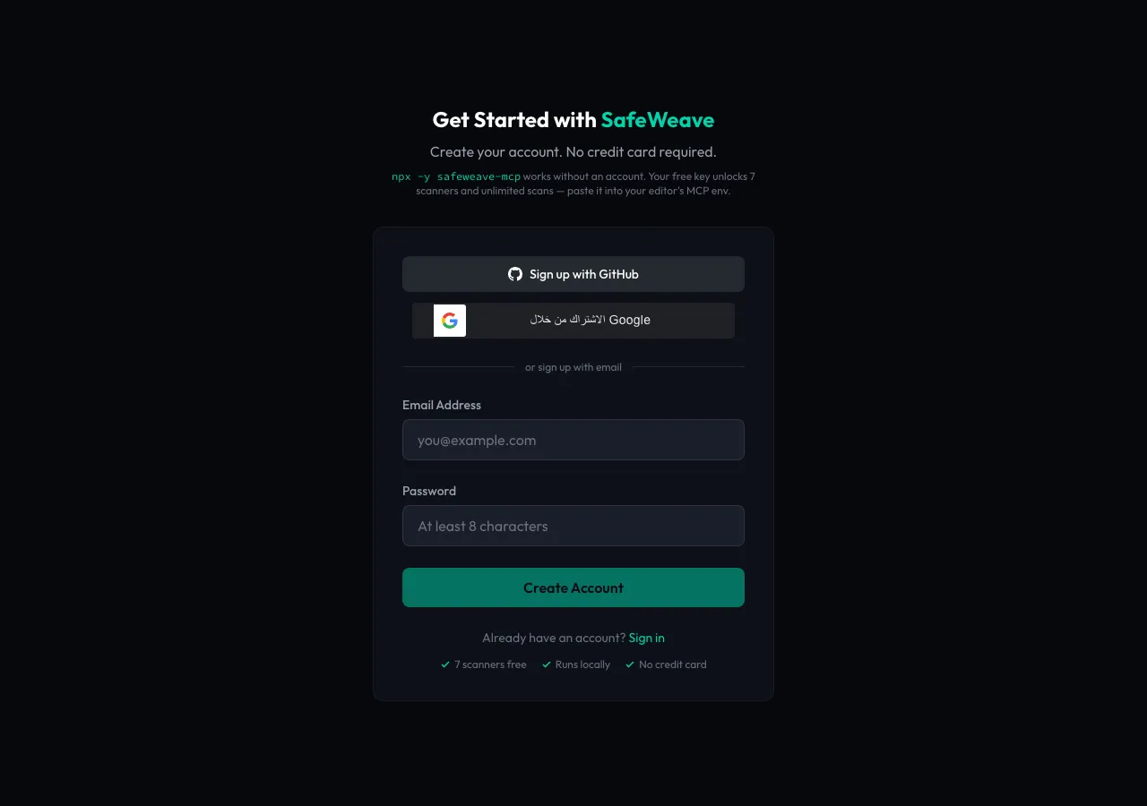 The Get Started with SafeWeave sign-up page with GitHub, Google and email options